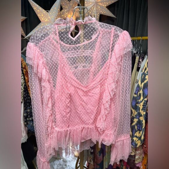 By Anthropologie Sheer Ruffle Blouse in Pink NWOT - Picture 8 of 9